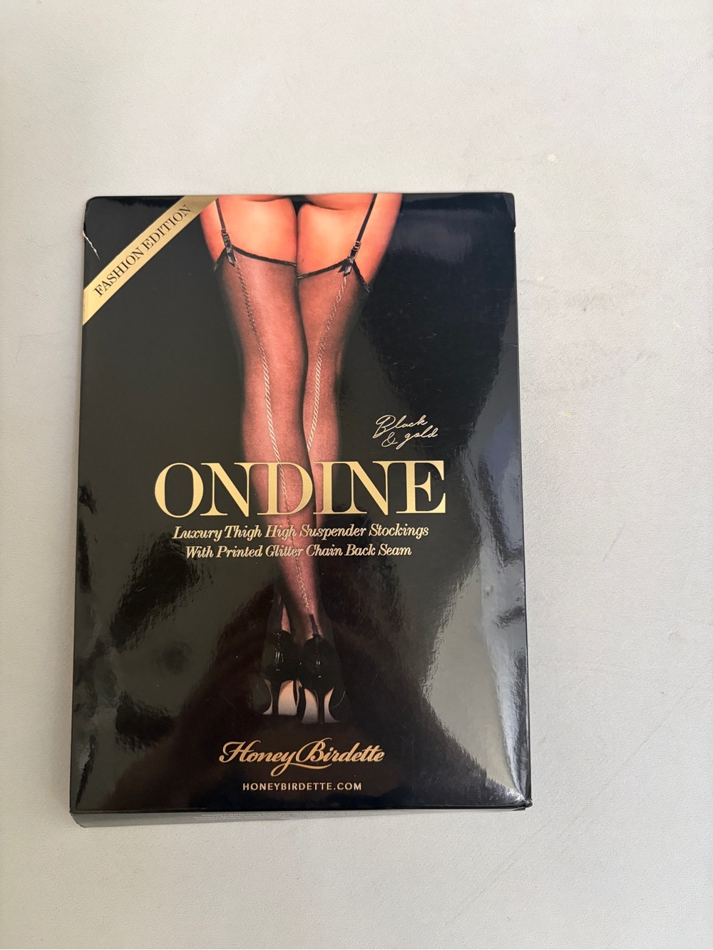 Honey Birdette Ondine Luxury Black Thigh High Suspender Stockings | MEDIUM